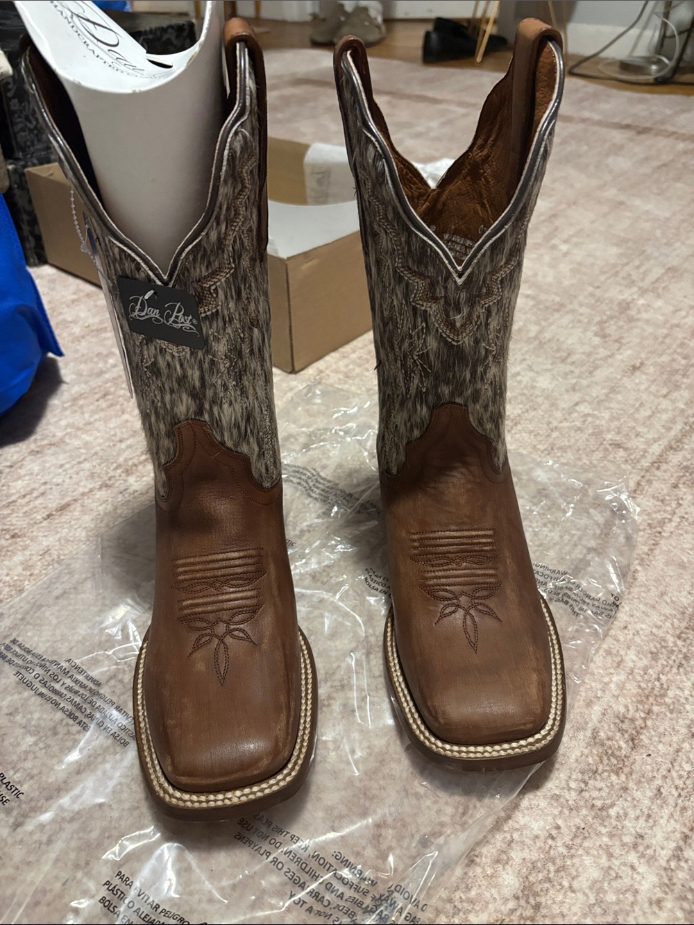 Dan Post Brown Leather with Gray Hair-on-Style Western Boots